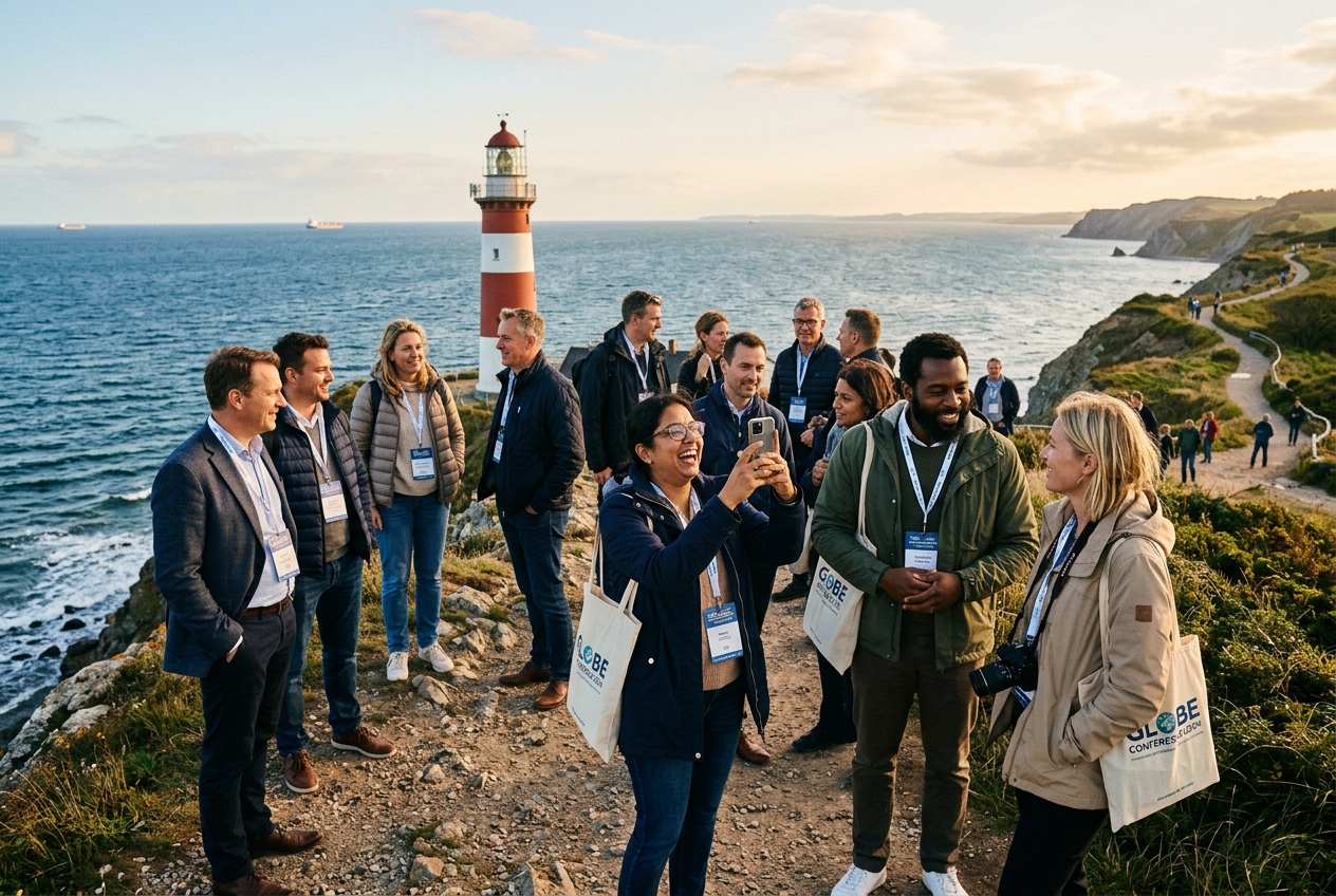 International konference delegation på kystudflugt ved fyrtårn